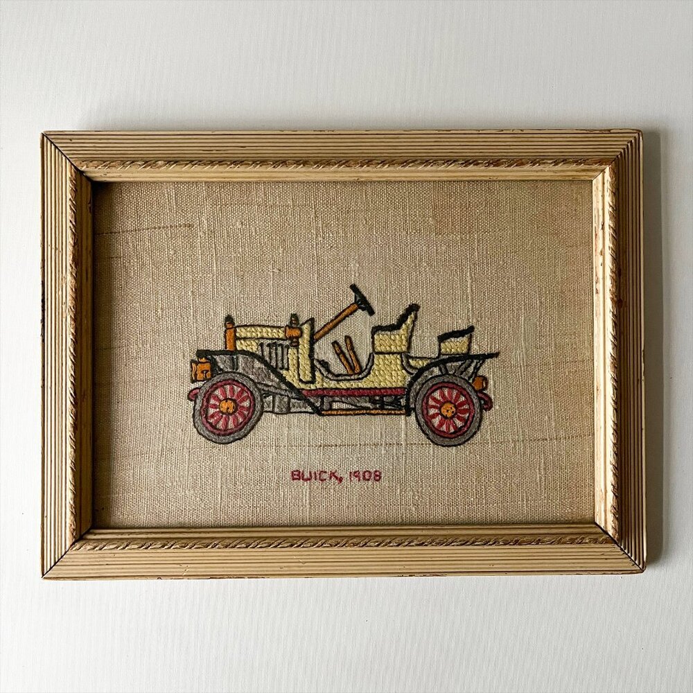 Vintage Hand-Stitched Needlepoint Car Buick 1908 Framed